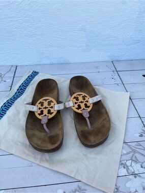 Tory Burch Beige and Gold Logo Thong Sandals